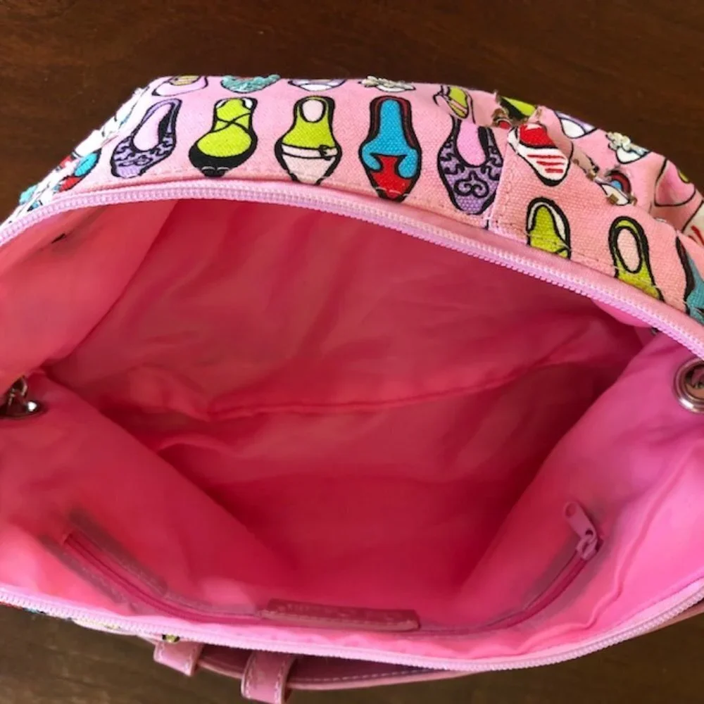 GIO CELLINI Bead Sequin Pink Canvas Shoe Print Hobo Shoulder Bag/Purse